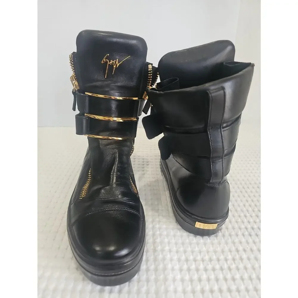 Giuseppe Zanotti Black Leather High Top Boot Sneakers Gold Zipper EU 43